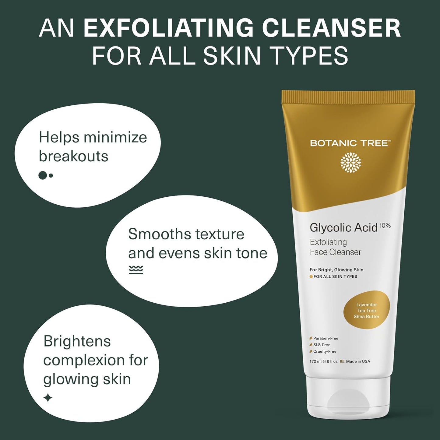 Botanic Tree Glycolic Acid Face Wash – 10% AHA & Salicylic Acid Exfoliating Cleanser, 6oz