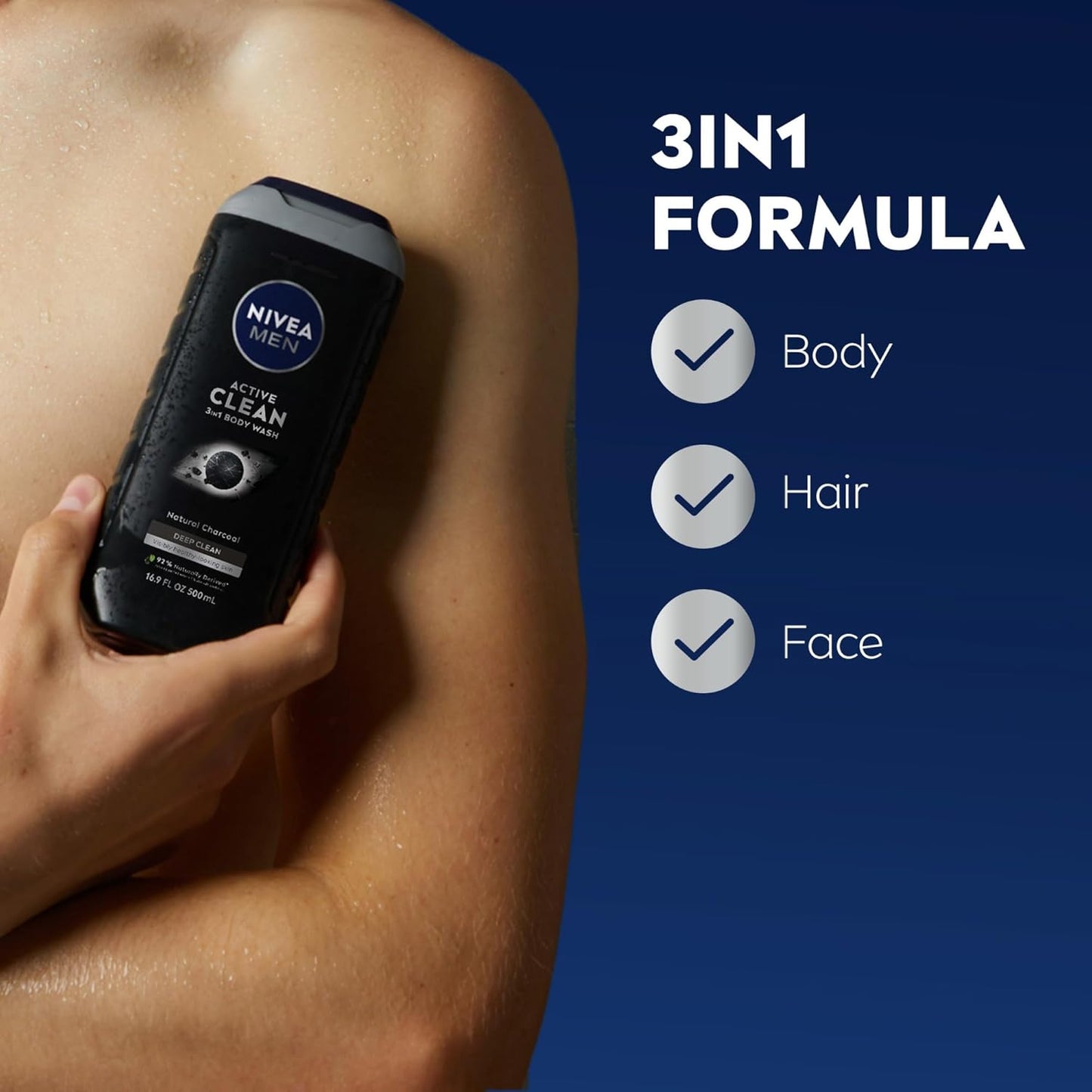 NIVEA Men Active Clean Body Wash with Natural Charcoal – 3-in-1 Face, Hair & Body Cleanser, Long-Lasting Scent, Pack of 3 (16.9 fl oz Each)