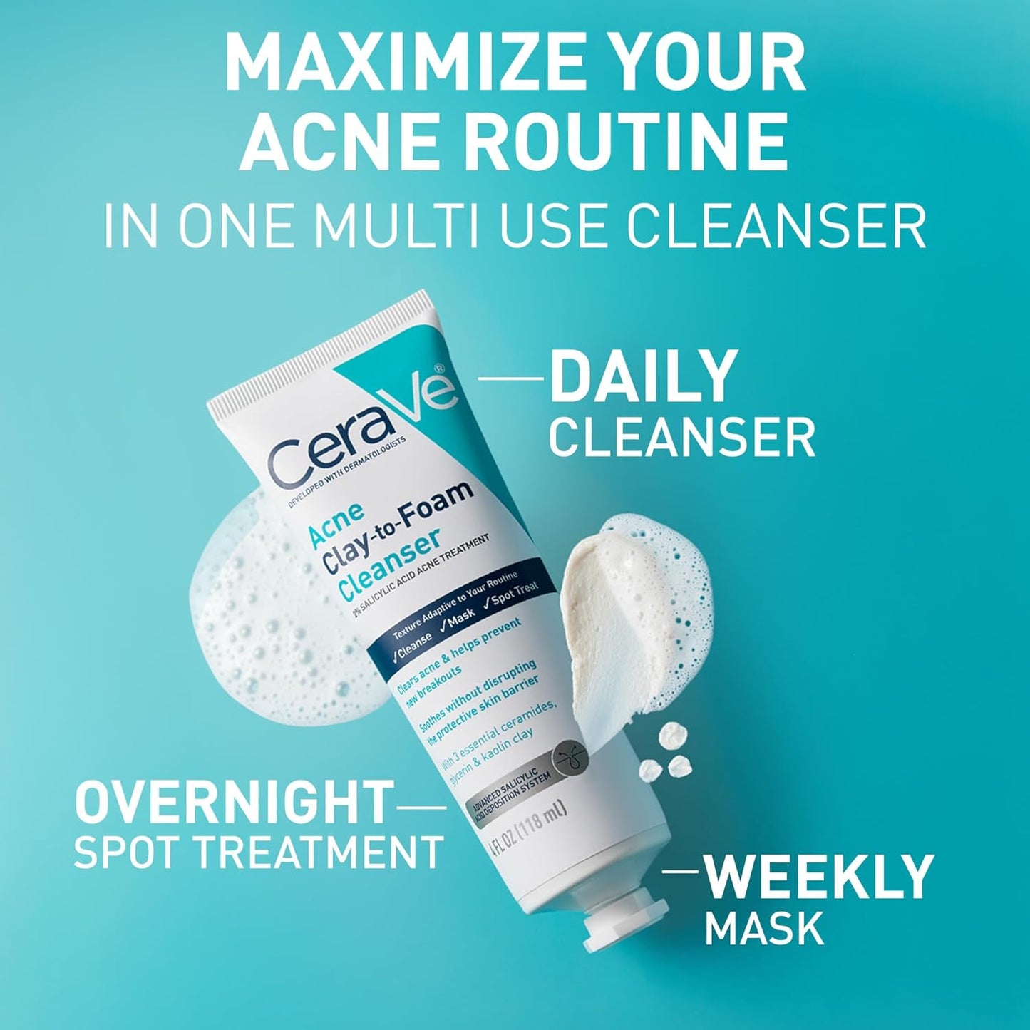 Limpiador facial para el acné CeraVe Clay-To-Foam con ácido salicílico y arcilla de caolín – 113 ml
