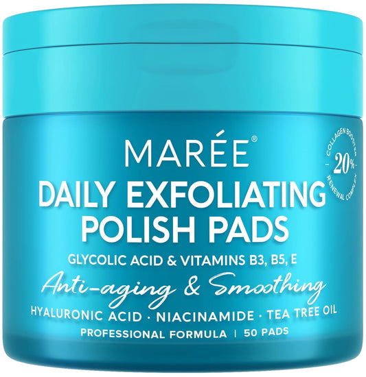 MAREE Glycolic Acid Exfoliating Toner Pads – 50 Count | Deep Pore Cleansing, Anti-Aging, Brightening & Hydrating Facial Peel with Salicylic Acid, Hyaluronic Acid, Tea Tree & Vitamins