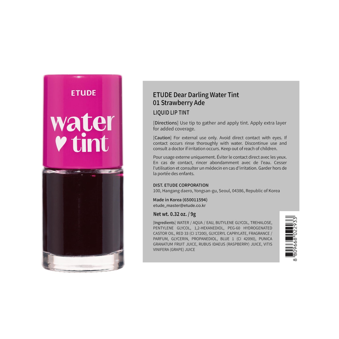 ETUDE Dear Darling Water Tint – Cherry Ade | Vivid, Smudge-Proof & Hydrating Lip Stain | Lightweight Korean Lip Tint (9g)