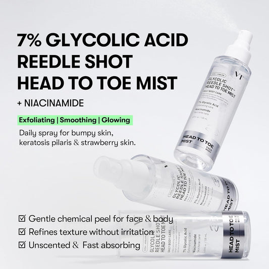 VT COSMETICS 7% Glycolic Acid Reedle Shot Mist – Exfoliating Body Spray with Niacinamide for Keratosis Pilaris, Strawberry Skin & Dark Spots – Hydrating Korean Skincare – 4.05 fl oz