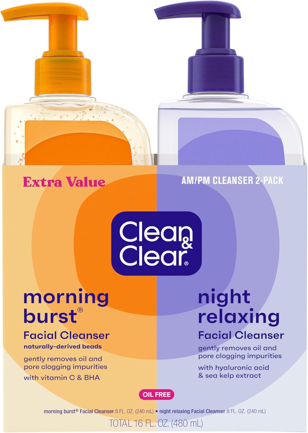 Clean & Clear Day & Night Oil-Free Facial Cleanser Duo – Morning Burst with Vitamin C & Night Relaxing Wash with Hyaluronic Acid, 16 Oz
