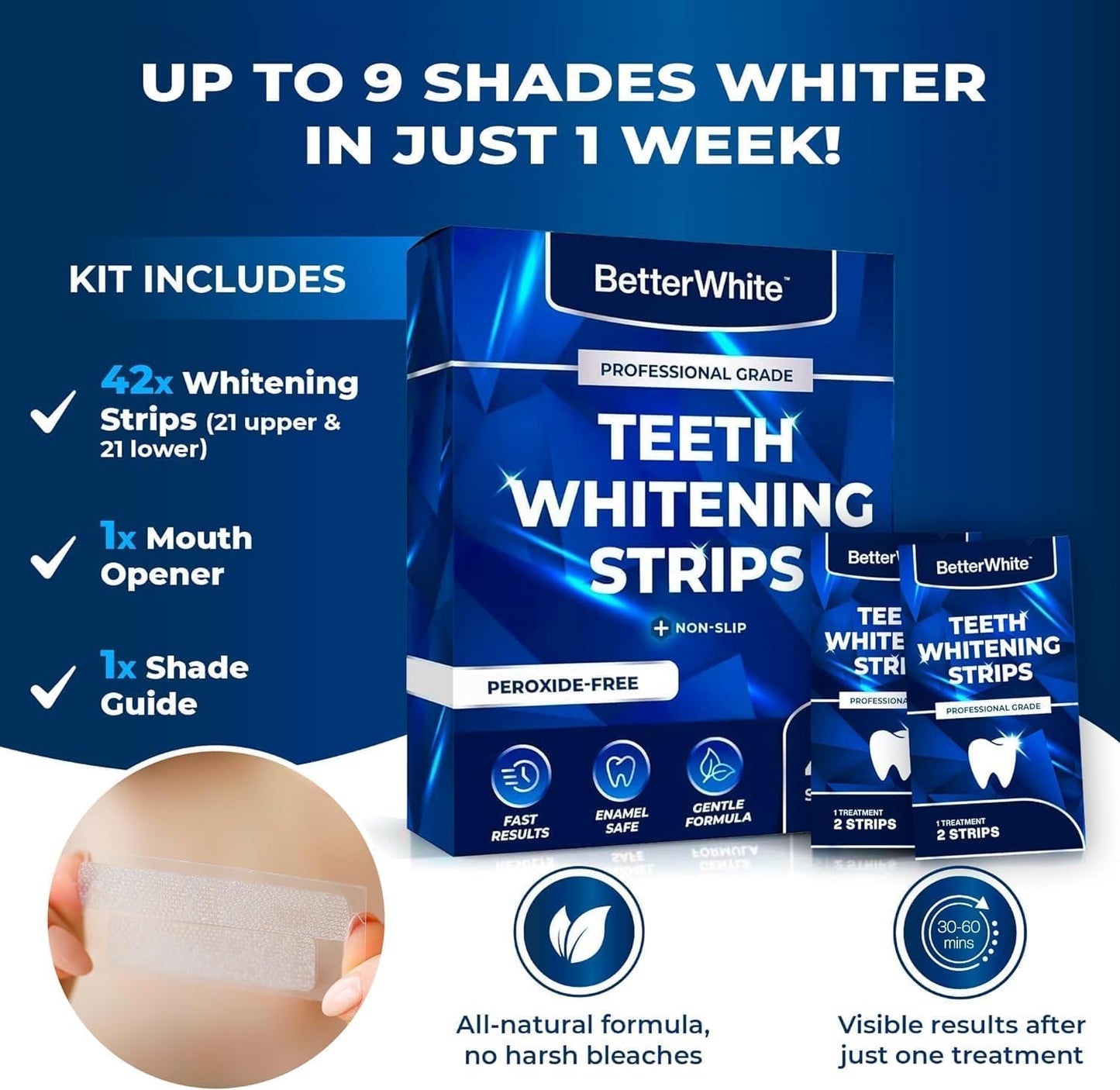 BetterWhite Professional Teeth Whitening Strips – 28 Strips (7 Treatments), Peroxide-Free, Enamel-Safe, Gentle Formula for Sensitive Teeth