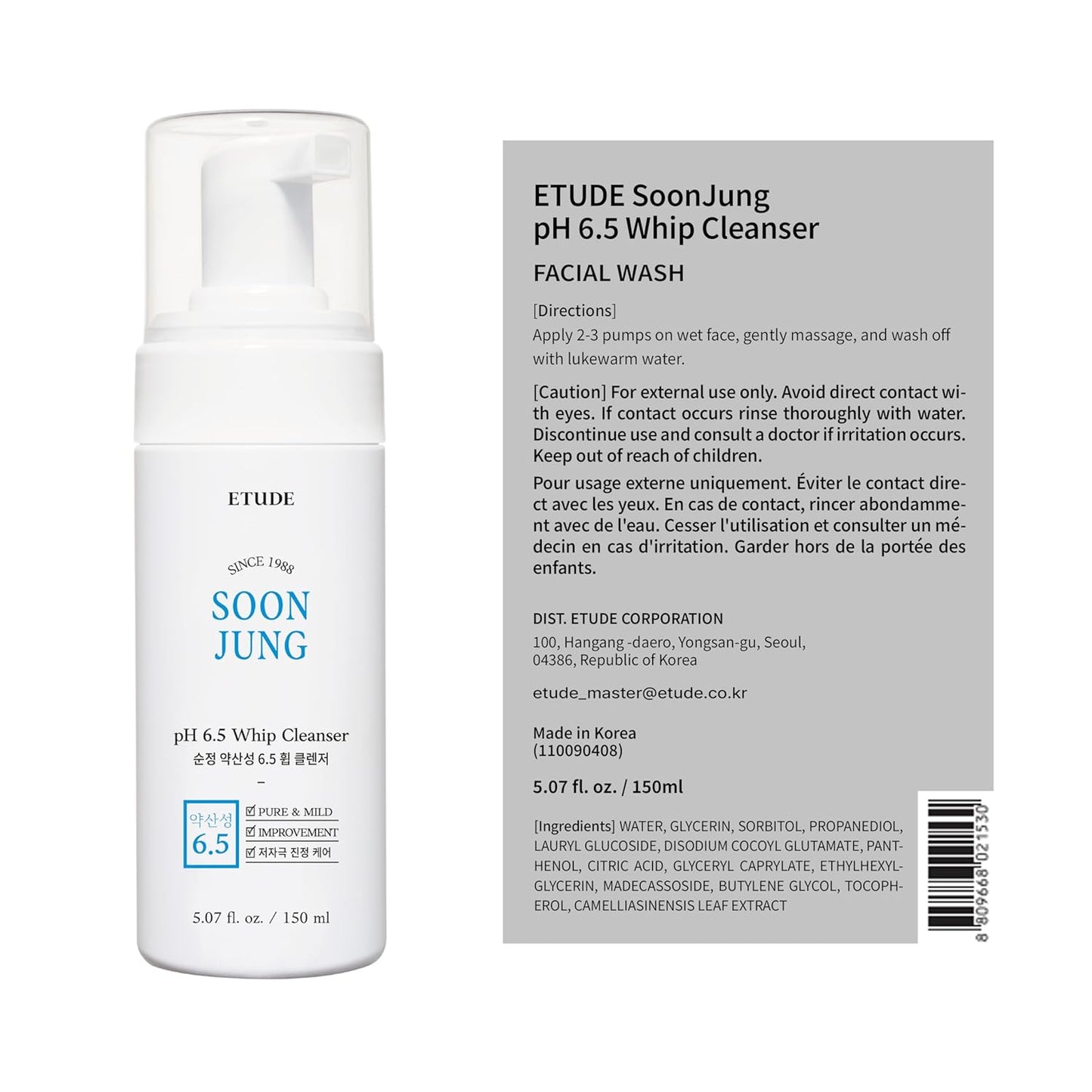ETUDE Soonjung pH 6.5 Whip Cleanser – Gentle Low pH Face Wash for Sensitive Skin with Panthenol & Madecassoside, 5.07 fl oz