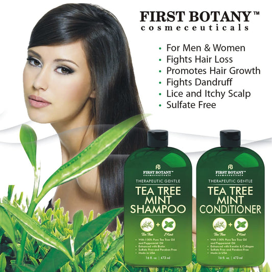 First Botany Tea Tree Mint Shampoo & Conditioner Set – Sulfate-Free Hair Growth & Anti-Dandruff Duo with Peppermint & Argan Oil – 16 fl oz Each, 2 Pack