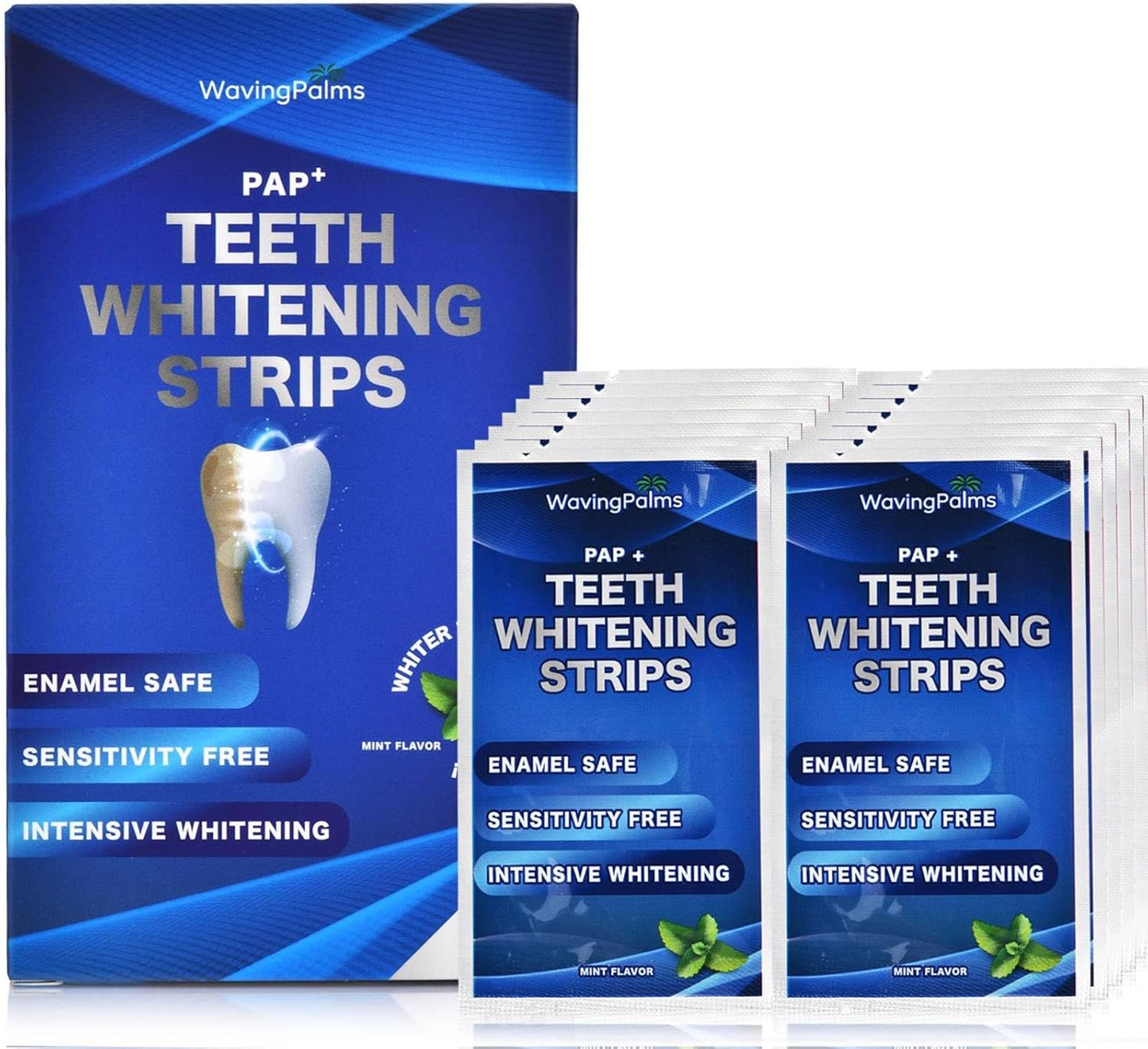 Waving Palms Sensitive Teeth Whitening Strips Kit – 28 Enamel-Safe Strips (14 Gentle Treatments) | Hydrogen Peroxide-Free, Mint Fresh & No Sensitivity