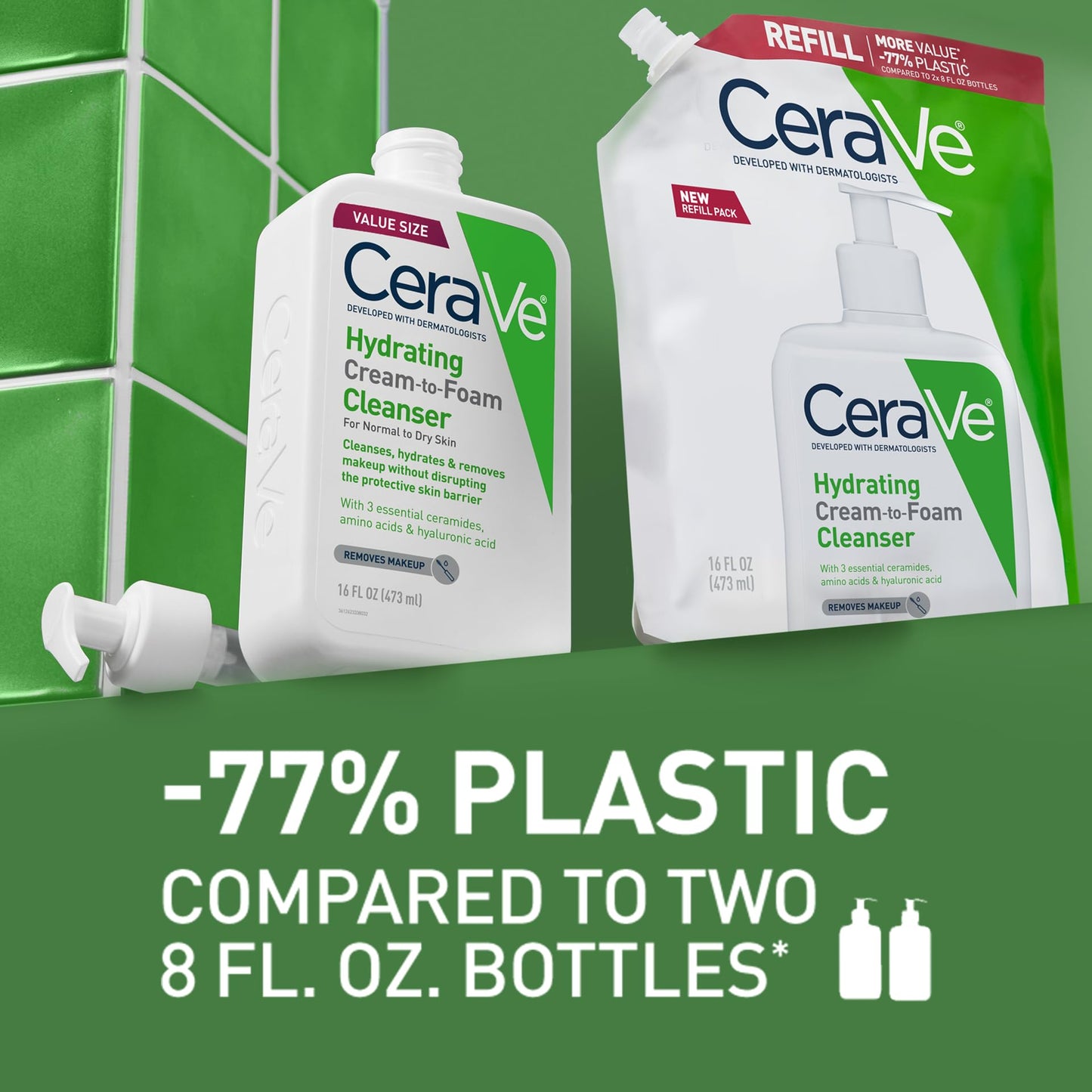 CeraVe Hydrating Cream-to-Foam Cleanser – 16 oz Refill, Makeup Remover & Face Wash for Dry Skin