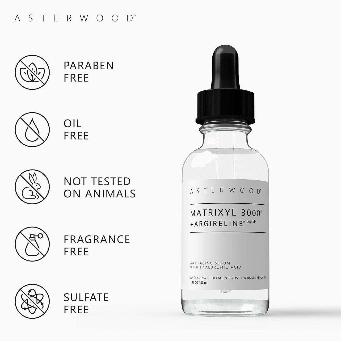 Asterwood Matrixyl 3000 + Argireline Serum with Hyaluronic Acid – Anti-Aging, Hydrating & Wrinkle Repair Peptide Serum (1 fl oz)