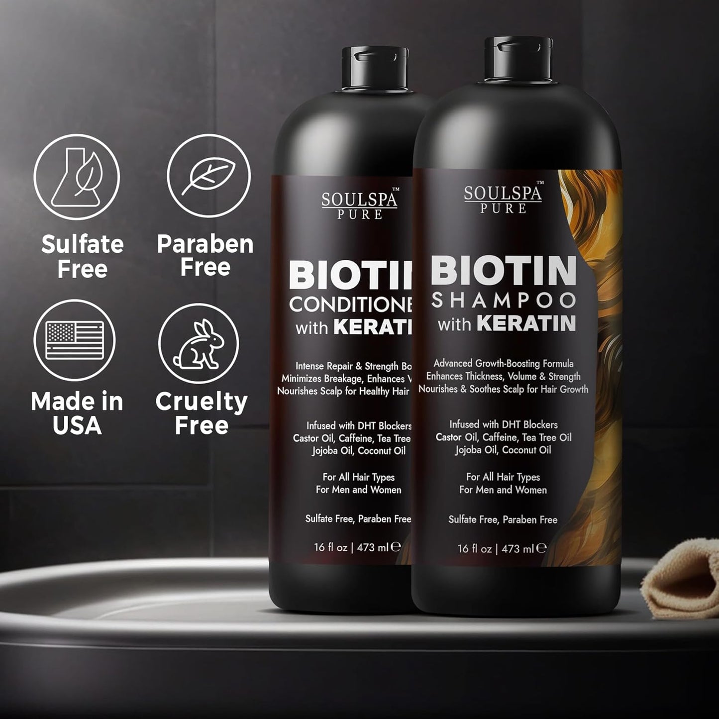 Biotin Shampoo & Conditioner Set with Keratin – Anti-Thinning, DHT Blocker Hair Growth Formula – Sulfate-Free Repair for Men & Women, 16 fl oz Each