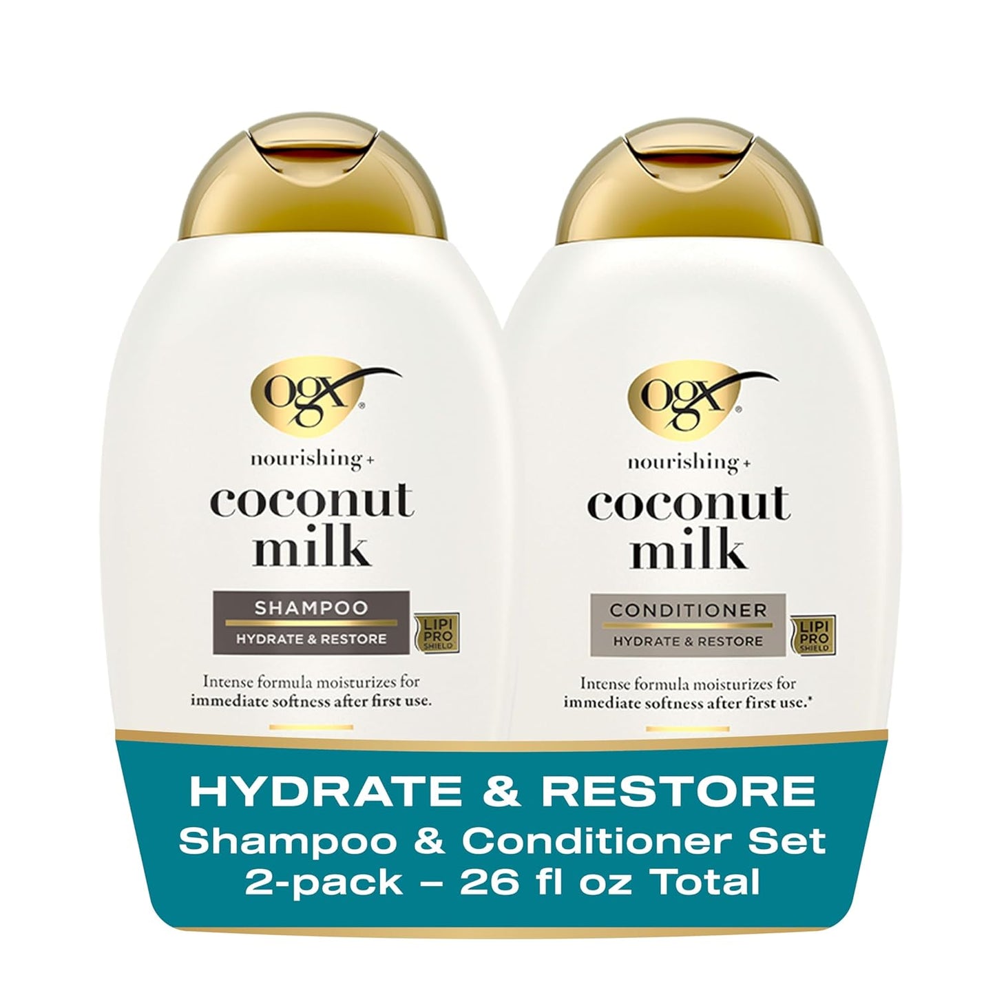 OGX Coconut Milk Sulfate-Free Shampoo & Conditioner Set | Hydrates & Softens | Lipi Pro Shield | Frizz Control & Nourishing Hair Care | 2 x 13 fl oz