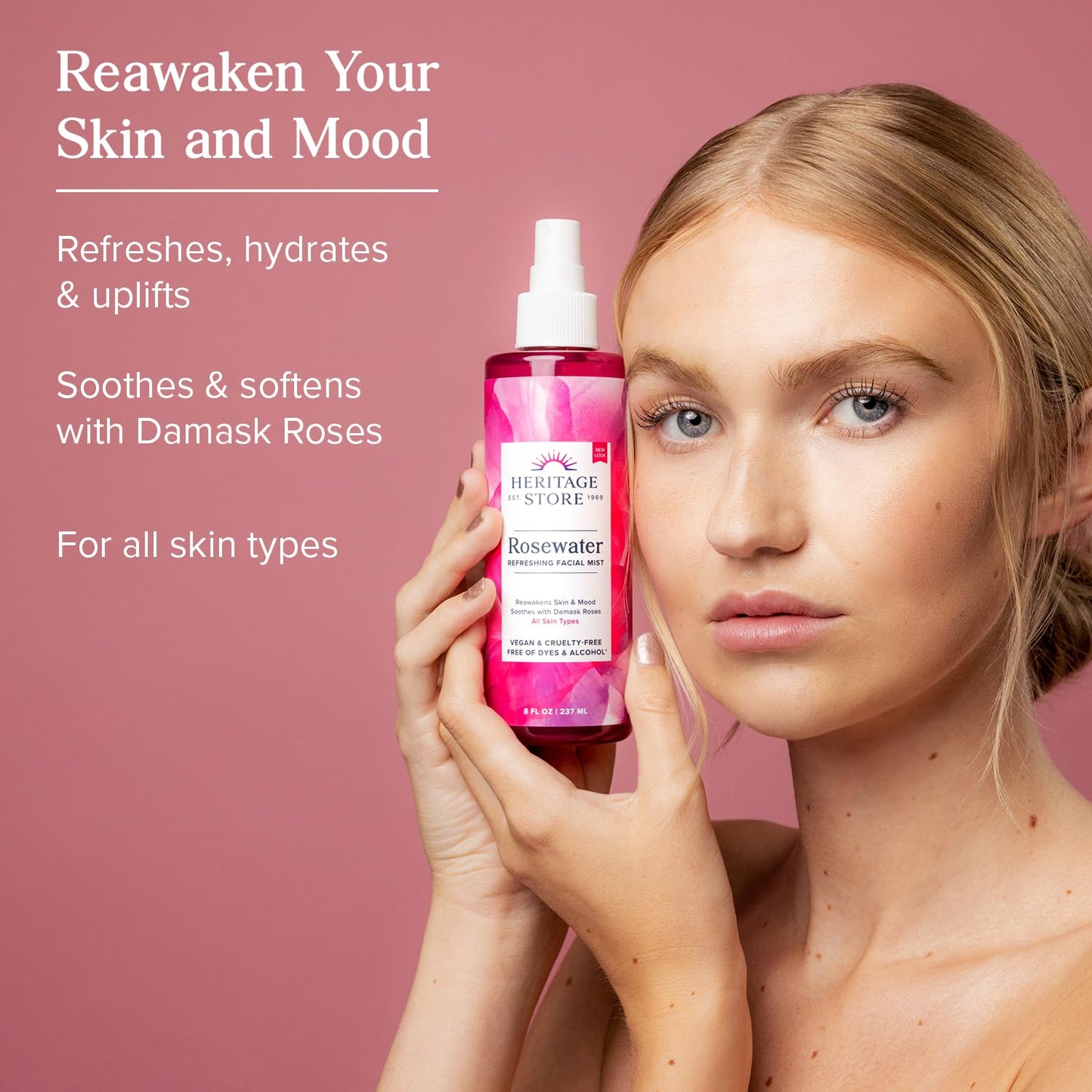 HERITAGE STORE Rosewater Facial Mist – Hydrating Rose Water Spray with Damask Rose, Alcohol-Free, Vegan, 8oz