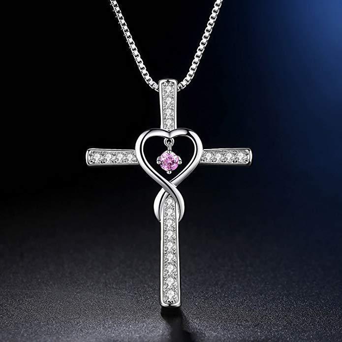 Collar LuxuryGlow "Amor infinito, Dios confiamos" - Colgante de cristal con cruz cristiana y piedra natal para mujer