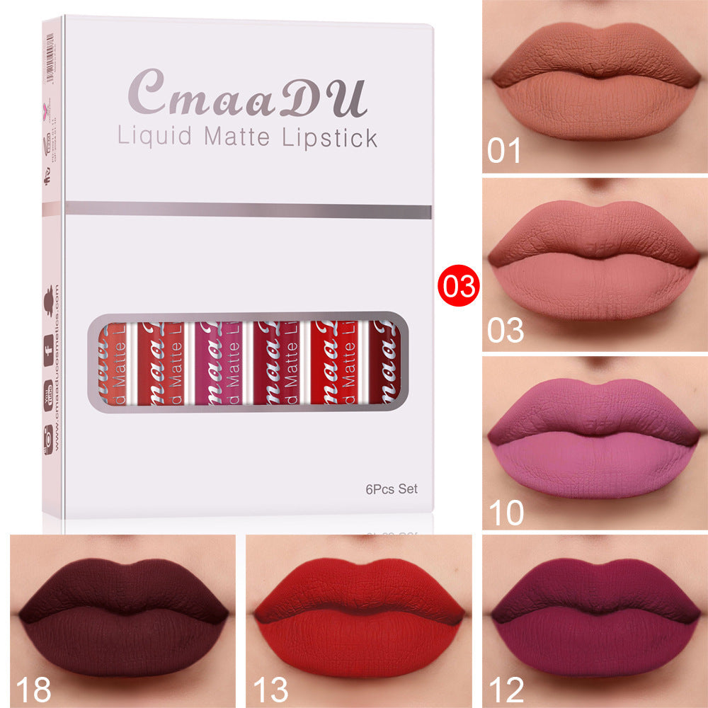Set de 6 brillos labiales mate resistentes al agua CmaaDu: acabado duradero y antiadherente