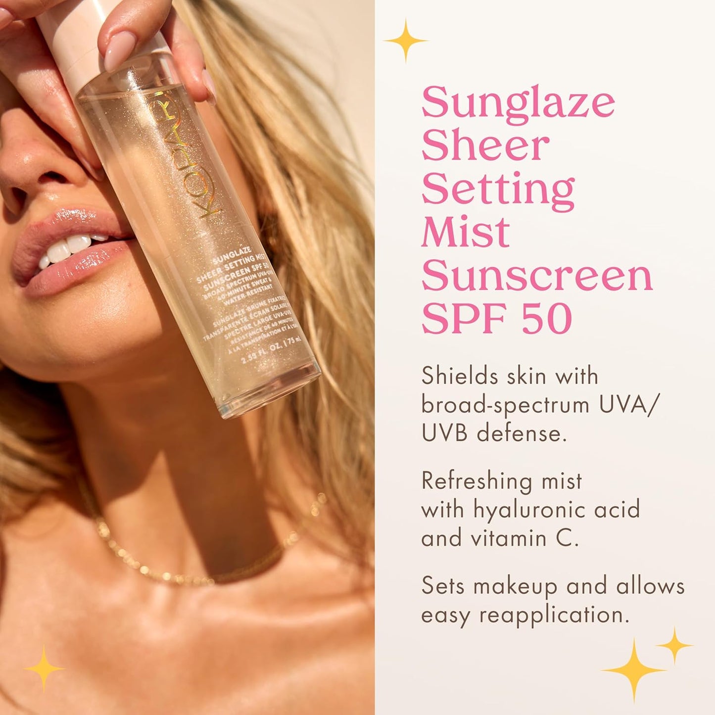 Kopari Sunglaze Sheer Setting Mist Sunscreen SPF 50 – Weightless Hydrating Face Spray with Hyaluronic Acid & Vitamin C – Makeup Setting & UV Protection – 2.53 fl oz