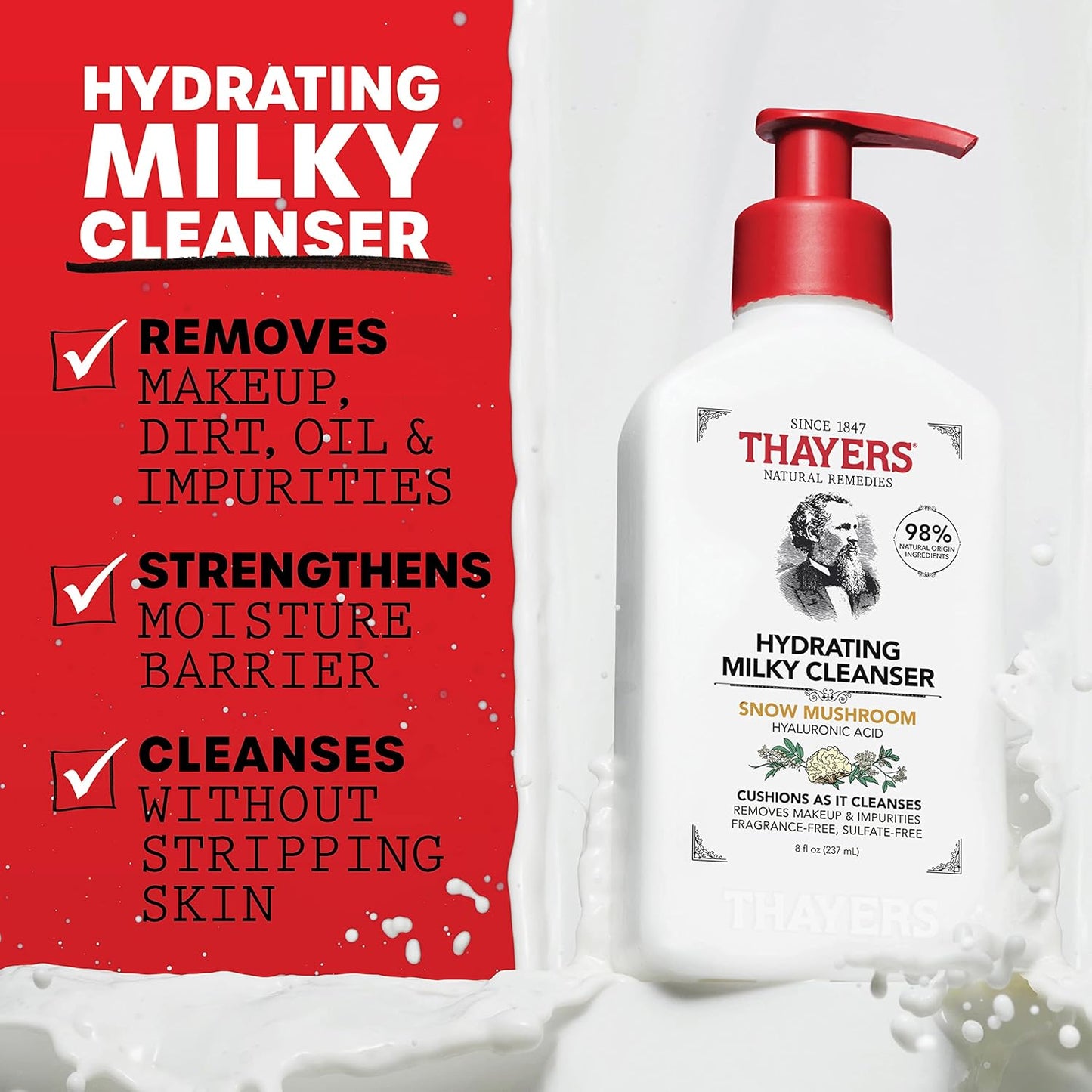 THAYERS Milky Hydrating Face Cleanser with Snow Mushroom & Hyaluronic Acid | Gentle, Fragrance-Free Facial Wash for Dry & Sensitive Skin, 8 FL Oz