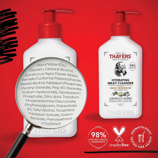 THAYERS Milky Hydrating Face Cleanser with Snow Mushroom & Hyaluronic Acid | Gentle, Fragrance-Free Facial Wash for Dry & Sensitive Skin, 8 FL Oz