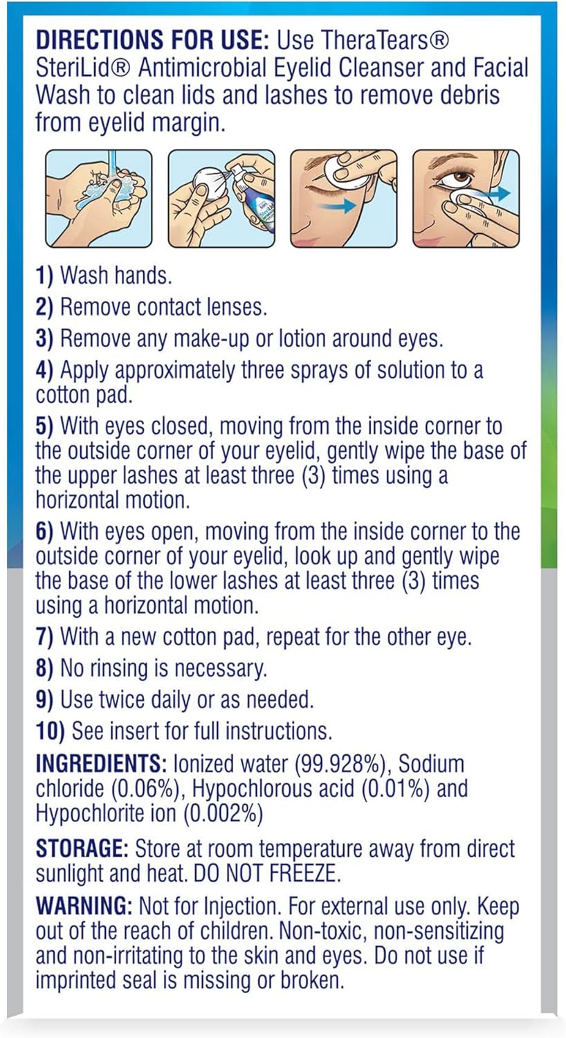 TheraTears SteriLid Antimicrobial Eyelid Cleanser & Face Wash – Hypochlorous Acid Spray for Eye Care, Gentle & Ophthalmologist Created, 2 fl. oz.