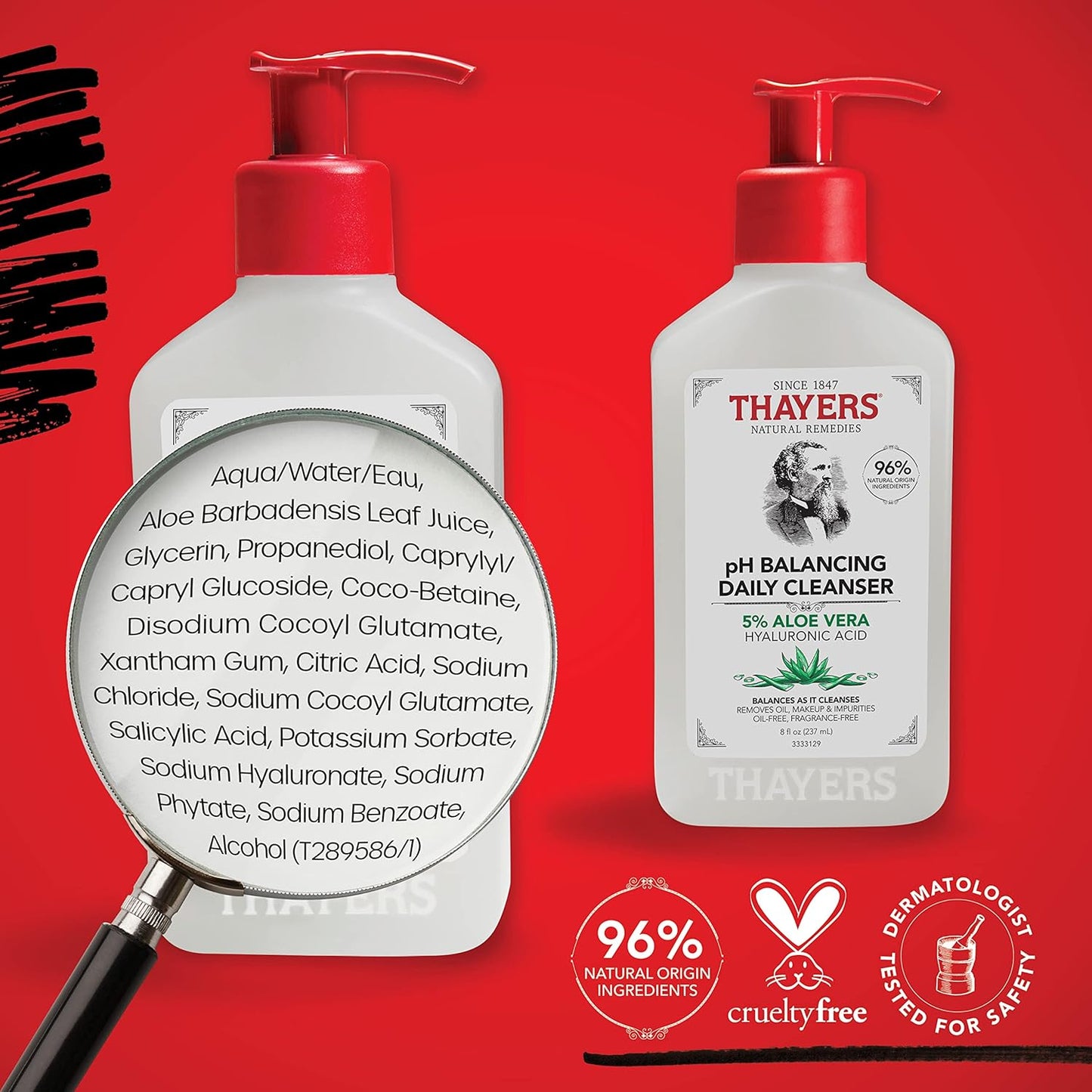 THAYERS pH Balancing Daily Cleanser – Gentle Aloe Vera Face Wash for All Skin Types, Hydrating & Non-Stripping, Fragrance-Free, Dermatologist Tested, 8 fl. oz.