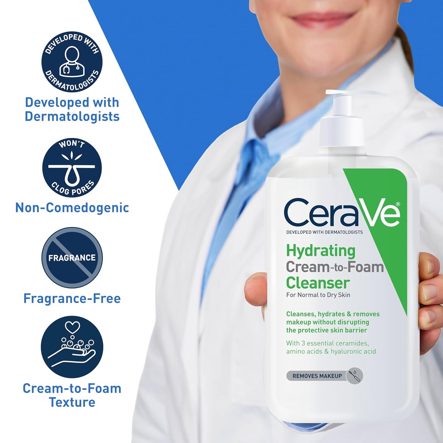 CeraVe Hydrating Cream-to-Foam Cleanser | Makeup Remover & Daily Face Wash with Hyaluronic Acid & Ceramides for Normal to Dry Skin, Fragrance-Free, 8 fl oz