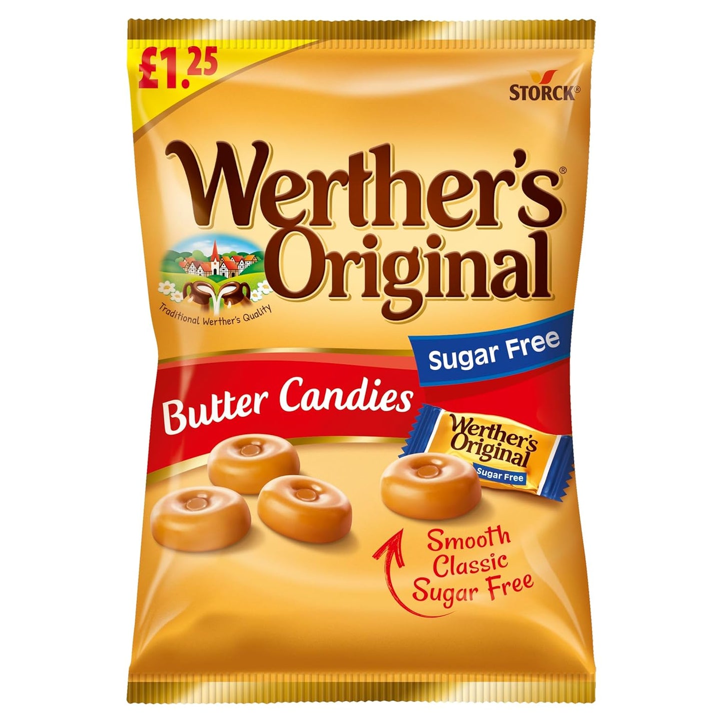 Werther’s Original Sugar Free Caramel Butter Candies | Classic Creamy Toffee | 65g Pack (Imported, Vegetarian)