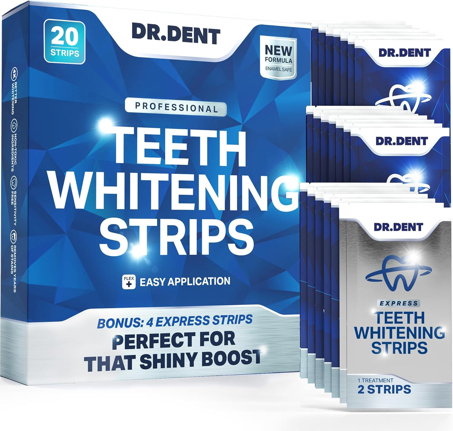 DR.DENT Professional Teeth Whitening Strips – 20 Strips, 10 Treatments Kit | Enamel-Safe, Non-Sensitive, Fast Whitening with Mouth Opener