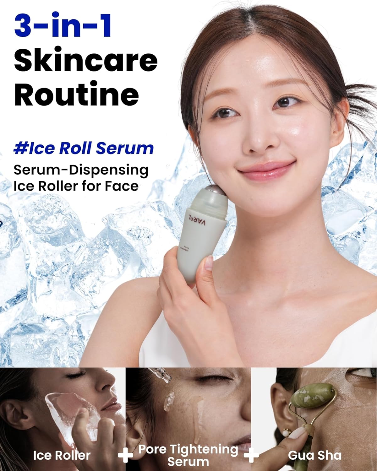 VAROL Ice Roll Serum – Cooling Roll-On for Puffy Eyes, Pore Minimizing & Hydrating Korean Skincare