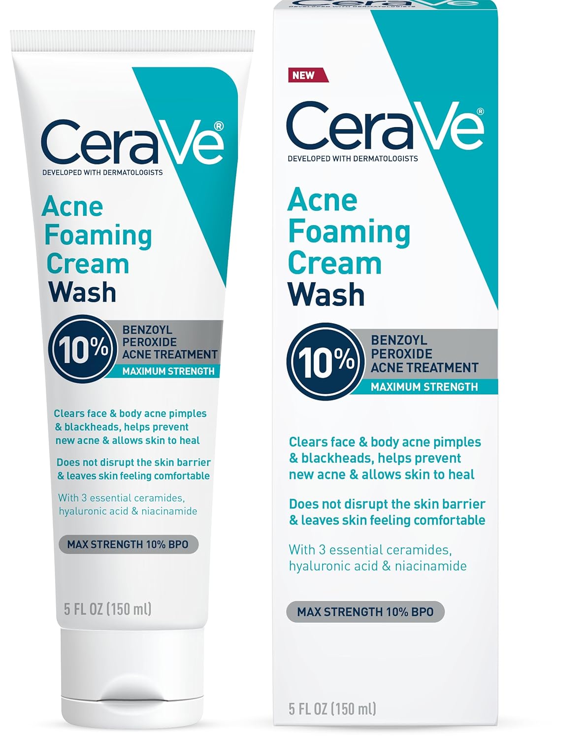 CeraVe Acne Foaming Cream Wash with 10% Benzoyl Peroxide & Niacinamide – 5oz