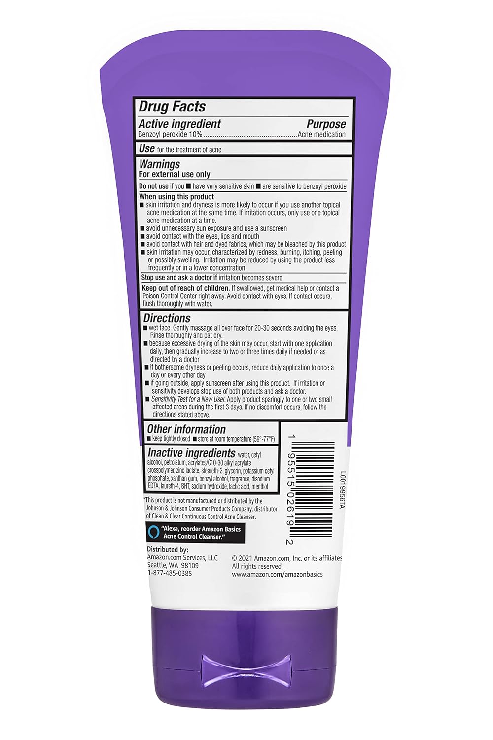 Amazon Basics Acne Cleanser Face Wash | Daily Control with 10% Benzoyl Peroxide | Maximum Strength Acne Treatment