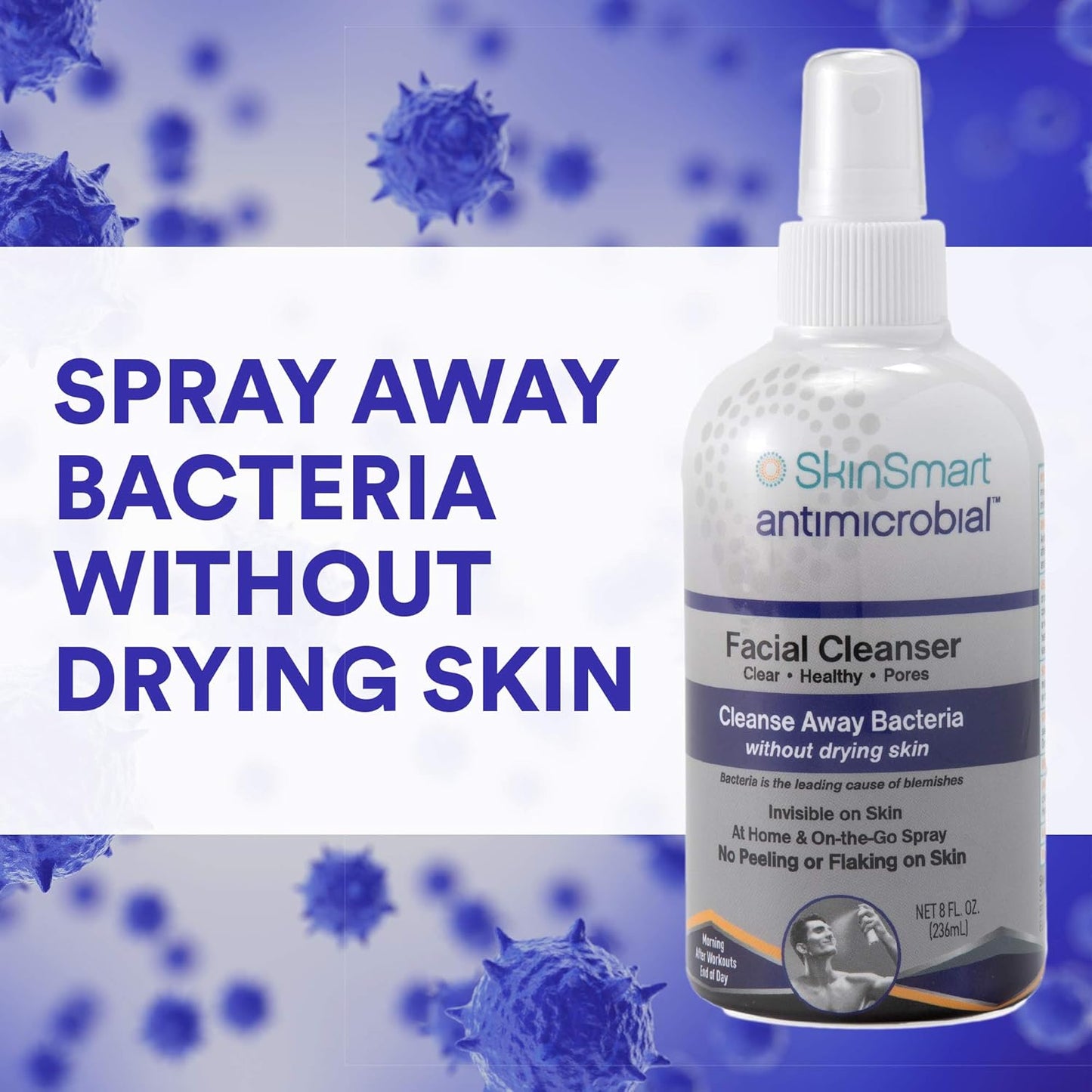 SkinSmart Antimicrobial Facial Cleanser for Acne | Gentle Spray Wash for Face, Chest & Back | Targets Bacteria, Safe for Sensitive Skin, 8 oz