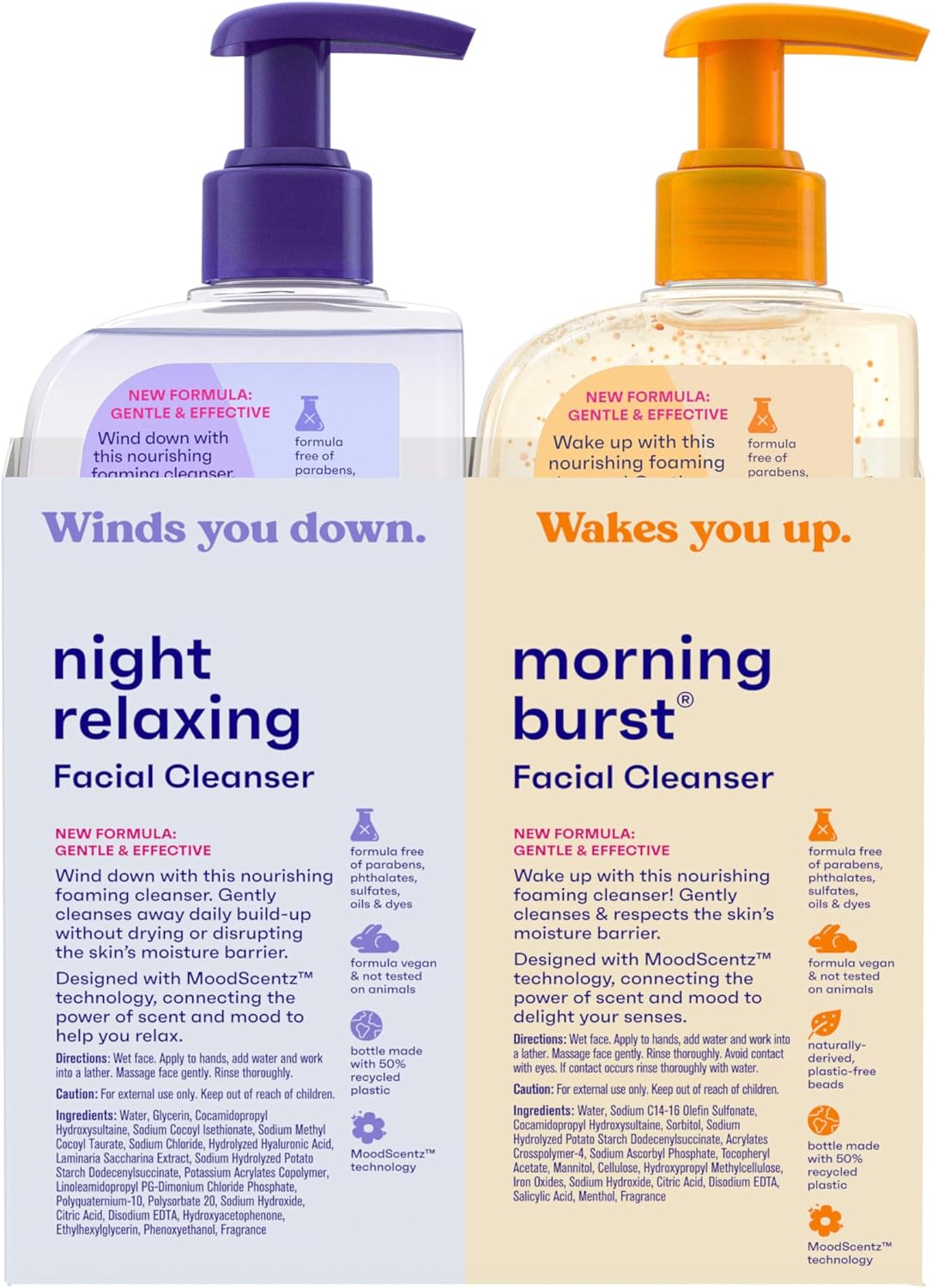 Clean & Clear Day & Night Oil-Free Facial Cleanser Duo – Morning Burst with Vitamin C & Night Relaxing Wash with Hyaluronic Acid, 16 Oz