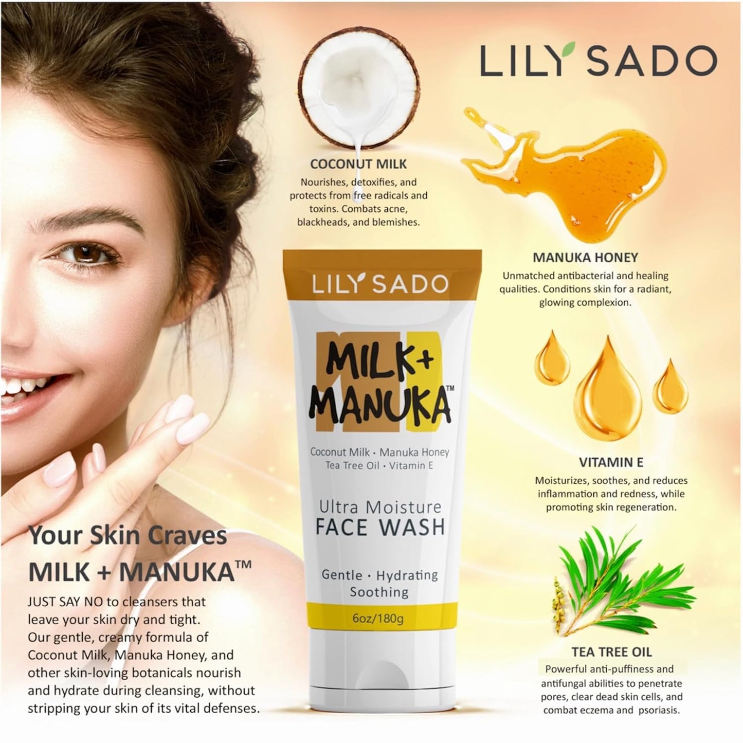 LILY SADO MILK+MANUKA™ Cream Face Cleanser | Coconut Milk & Manuka Honey | Ultra-Moisturizing, Soothing & Hydrating | 6oz Tube