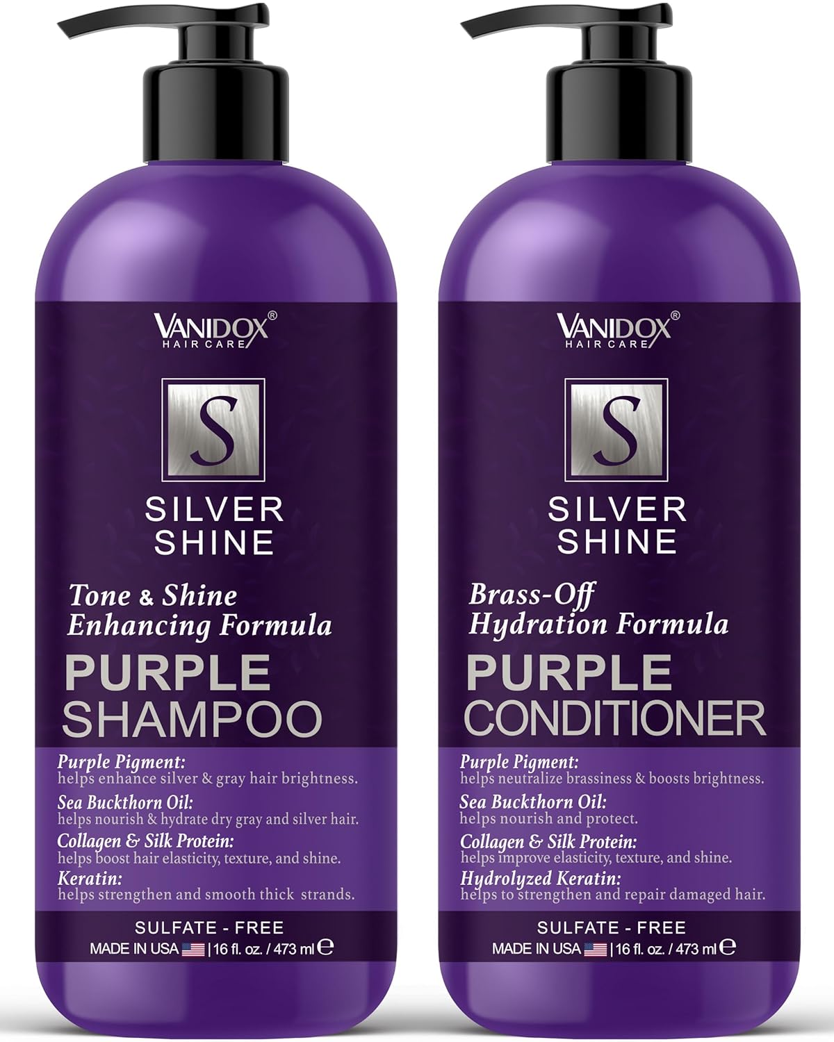 VANIDOX Purple Shampoo & Conditioner Set | Sulfate-Free Brass Toning for Grey & Silver Hair | Moisturizing, Shine-Boosting & Color-Safe (16 fl oz x 2)