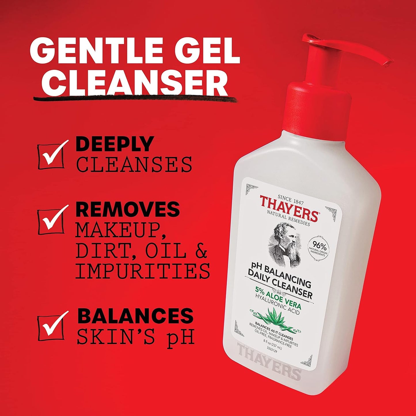THAYERS pH Balancing Daily Cleanser – Gentle Aloe Vera Face Wash for All Skin Types, Hydrating & Non-Stripping, Fragrance-Free, Dermatologist Tested, 8 fl. oz.