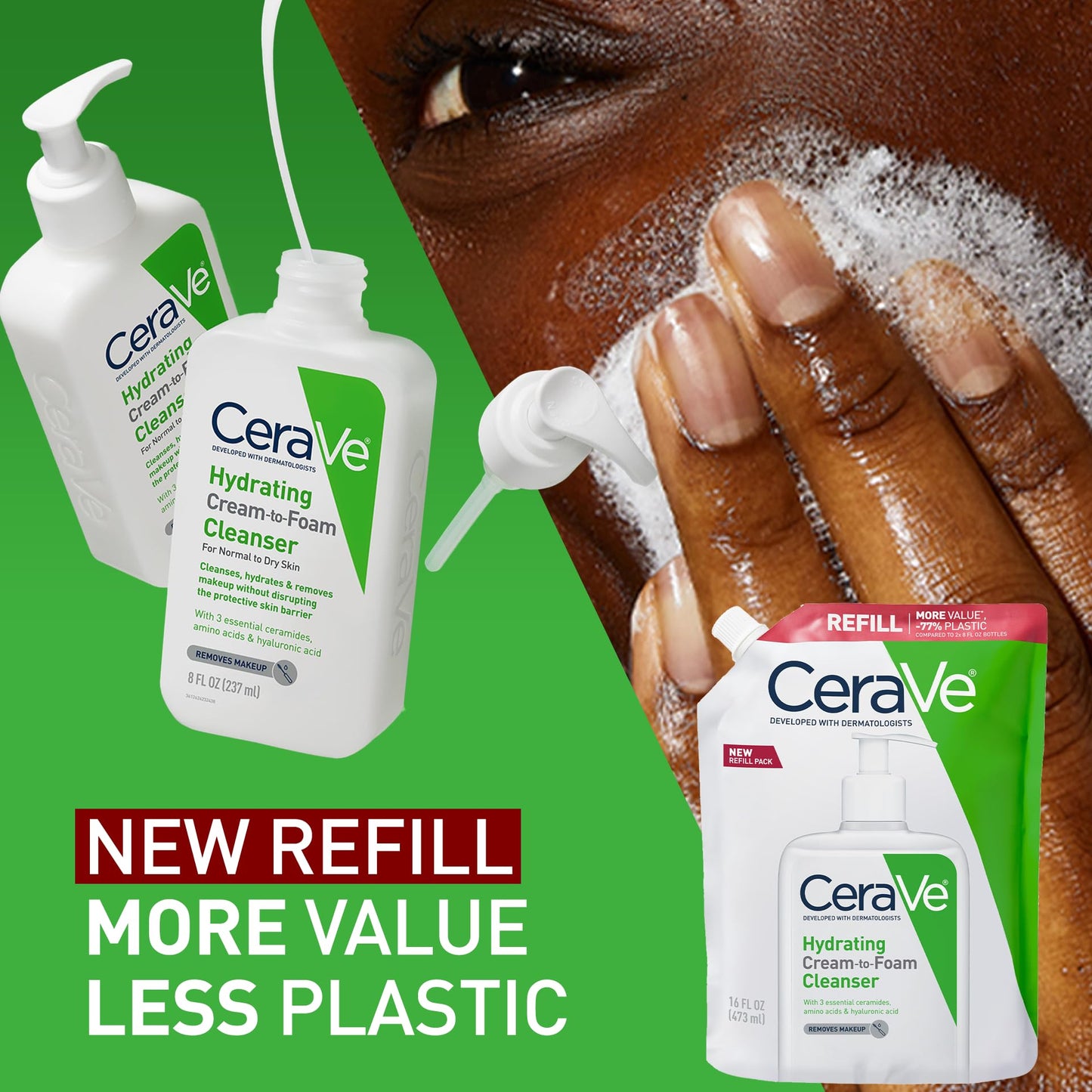 CeraVe Hydrating Cream-to-Foam Cleanser – 16 oz Refill, Makeup Remover & Face Wash for Dry Skin