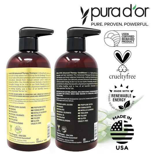 PURA D'OR Advanced Therapy Biotin Shampoo & Conditioner Set for Hair Thinning – Clinically Tested Herbal Formula for Stronger, Thicker, Fuller Hair – 16oz x 2