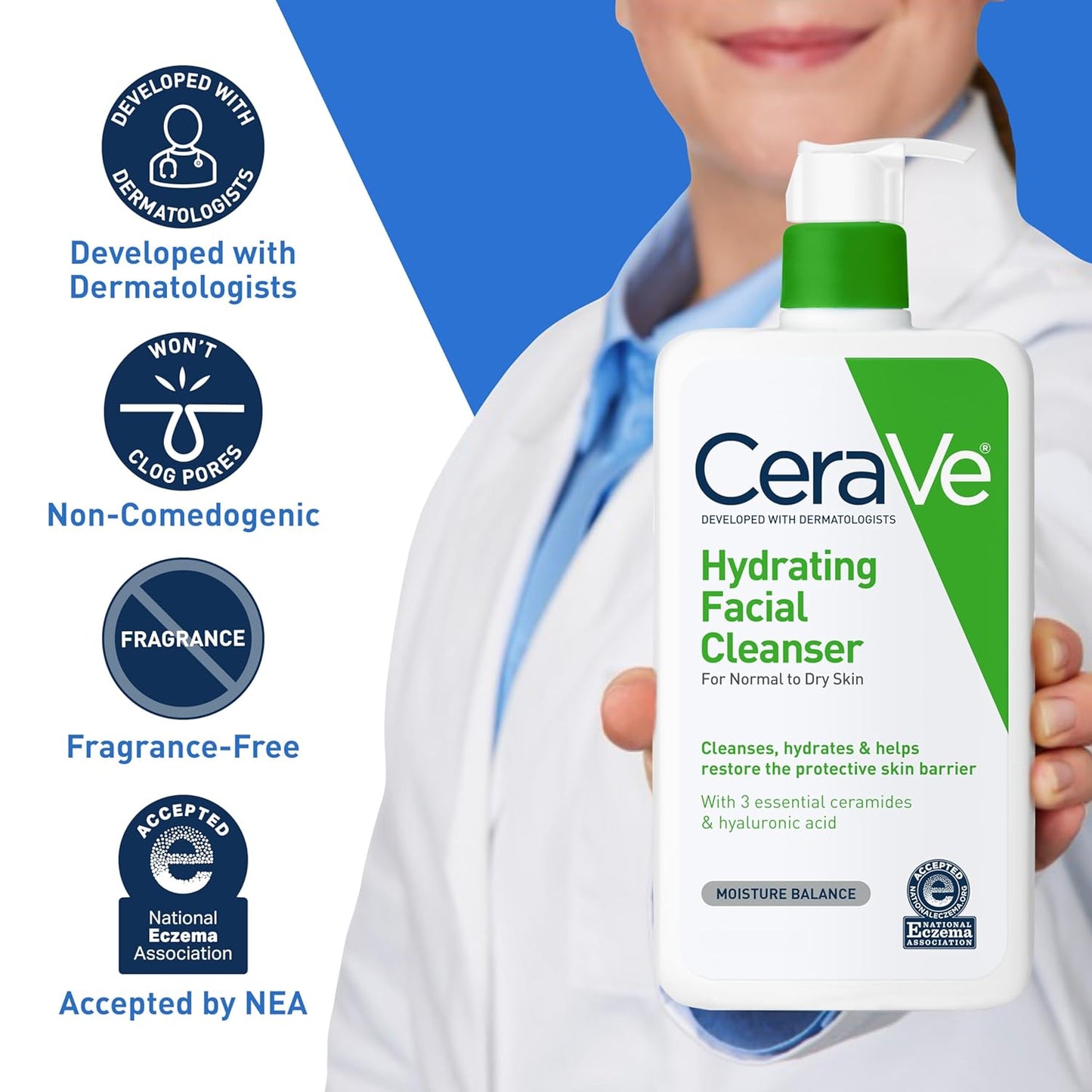 CeraVe Hydrating Facial Cleanser with Hyaluronic Acid & Ceramides | Moisturizing Face Wash for Normal to Dry Skin | 16oz, Fragrance-Free