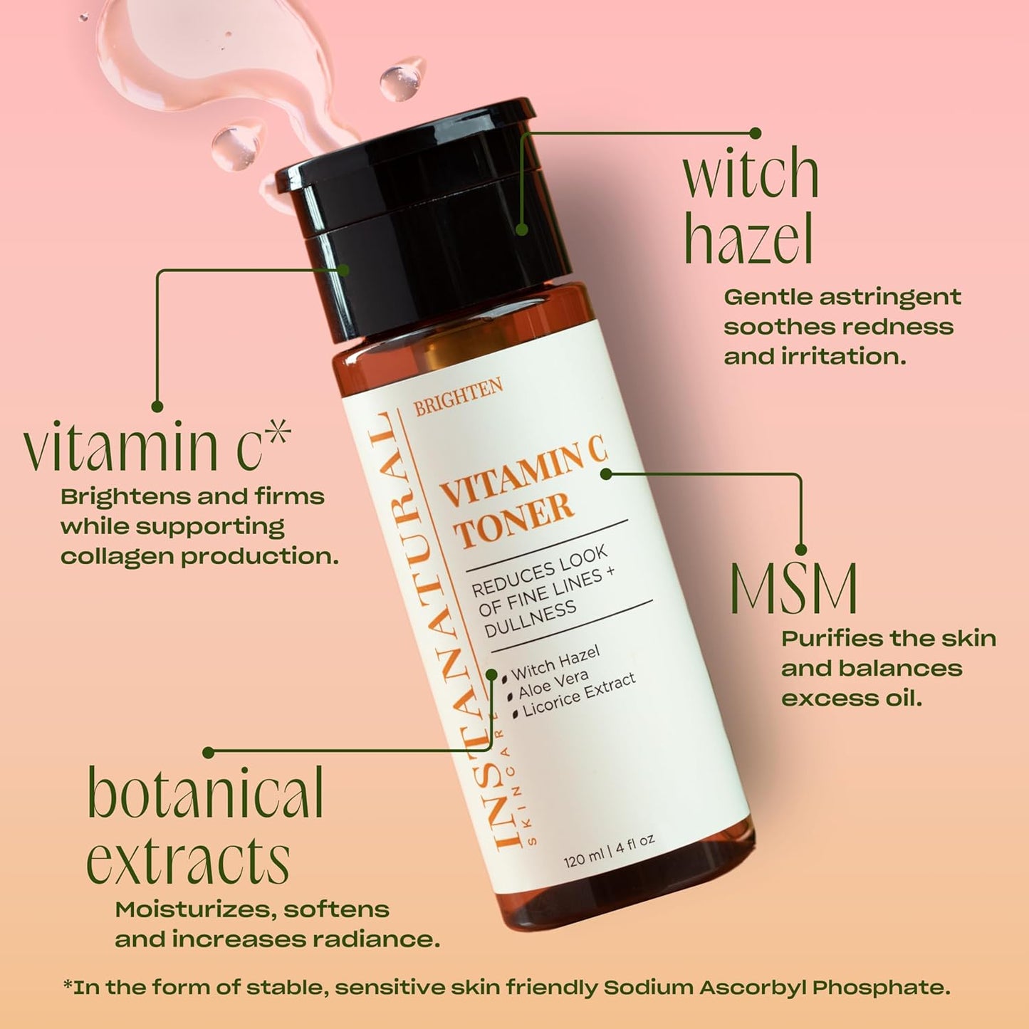 InstaNatural Vitamin C Face Toner – Brightening & Anti-Aging Toner with Witch Hazel, Lavender & Geranium Oils – Balances pH, Reduces Fine Lines & Wrinkles – 4 fl oz