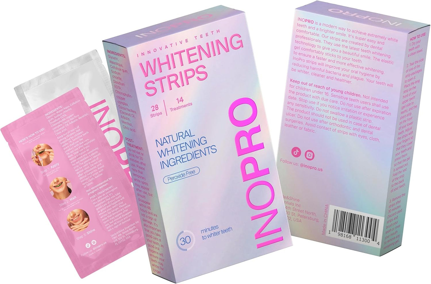 InoPro Green Teeth Whitening Strips – 14-Day Kit (28 Strips) | Peroxide-Free, Enamel Safe, Natural Stain Removal with Coconut Mint Flavor