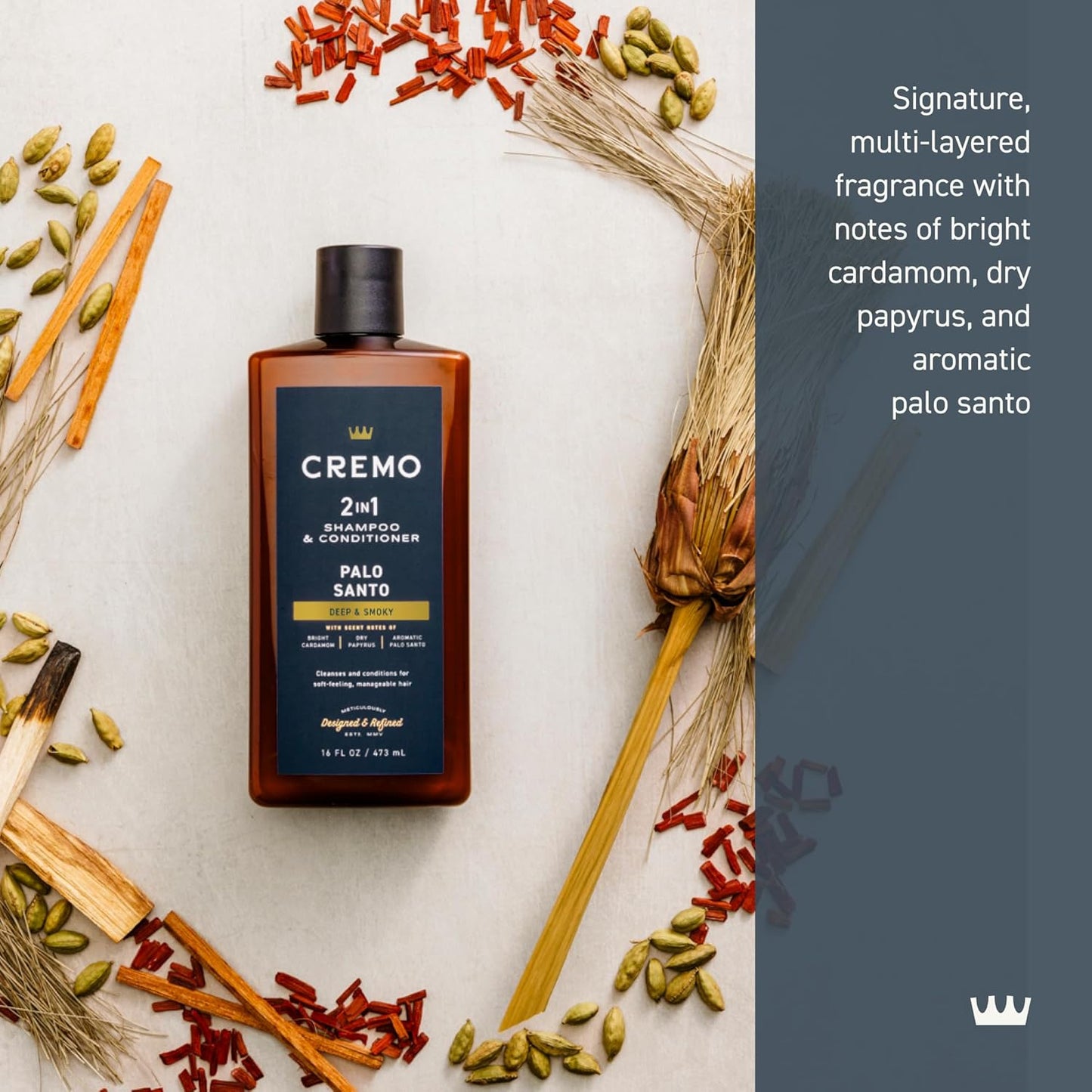 Cremo Palo Santo 2-in-1 Shampoo & Conditioner – Barber Grade Hydrating Cleanse with Cardamom, Papyrus & Palo Santo – 16 fl oz