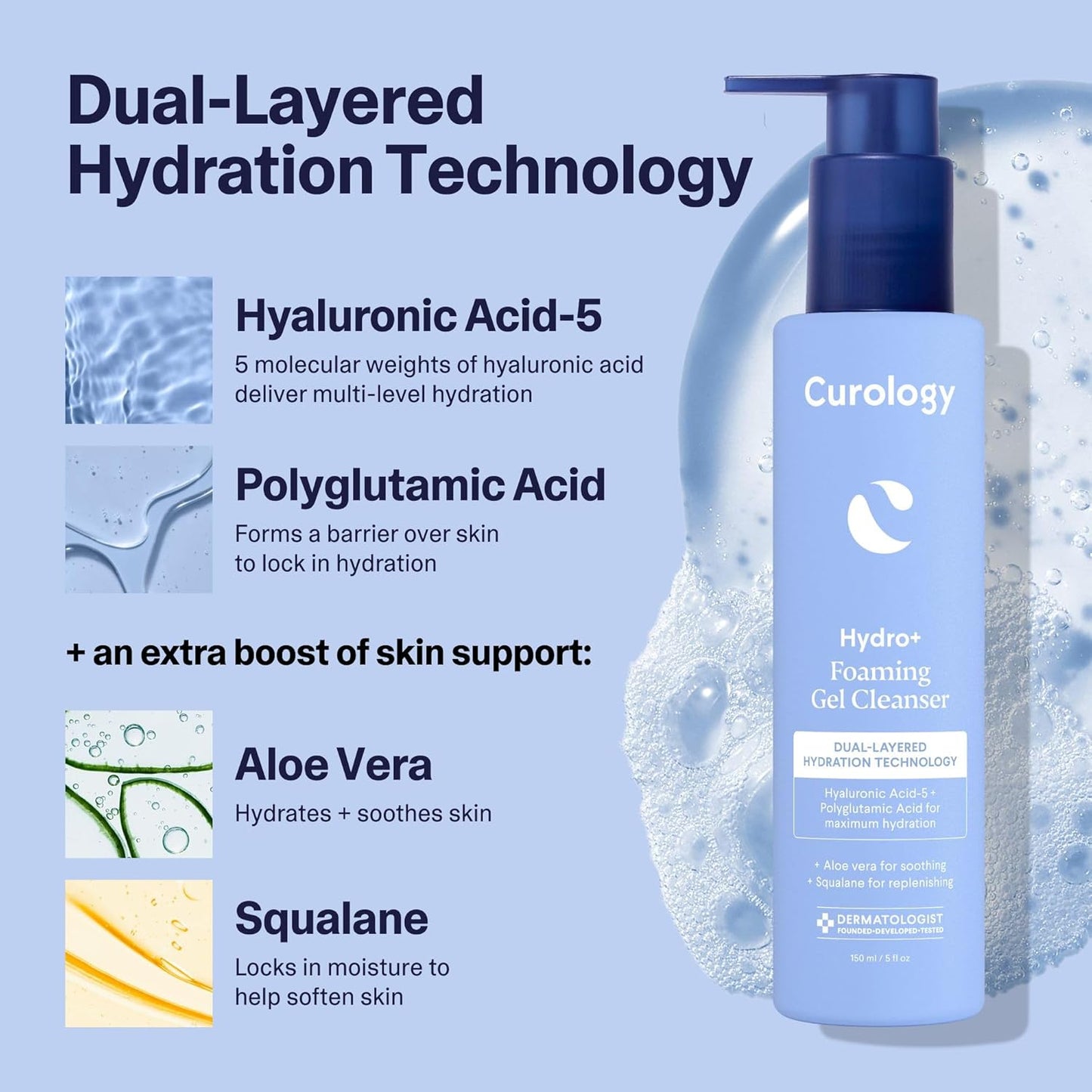 Curology Hydro+ Foaming Gel Cleanser – Gentle, Hydrating Face Wash for Sensitive Skin, Fragrance-Free, 5 fl oz