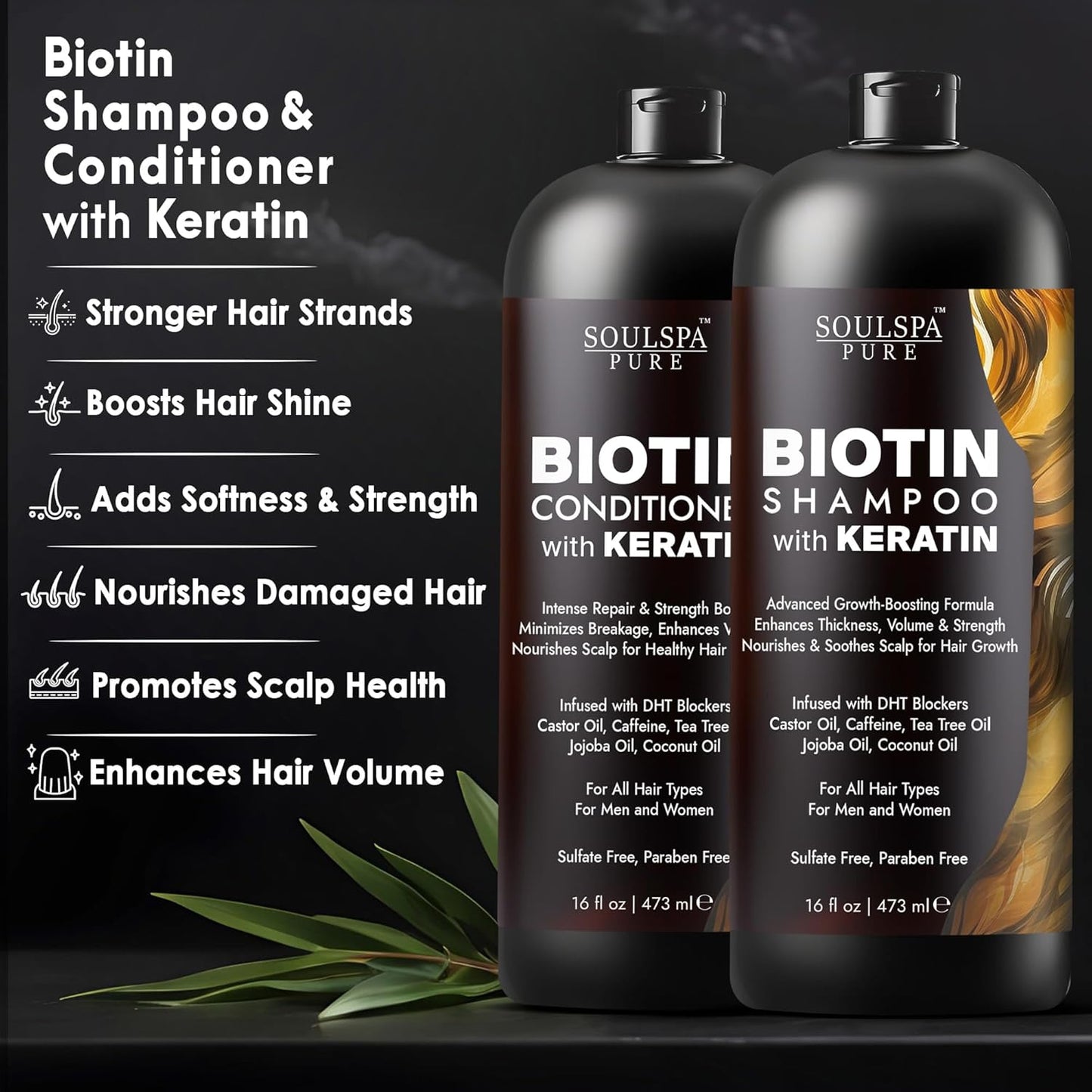 Biotin Shampoo & Conditioner Set with Keratin – Anti-Thinning, DHT Blocker Hair Growth Formula – Sulfate-Free Repair for Men & Women, 16 fl oz Each