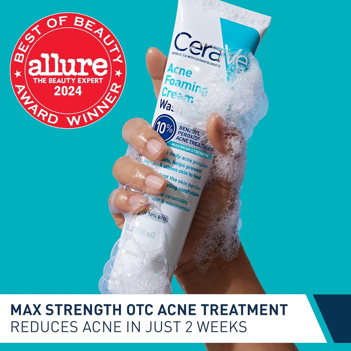 CeraVe Acne Foaming Cream Wash with 10% Benzoyl Peroxide & Niacinamide – 5oz