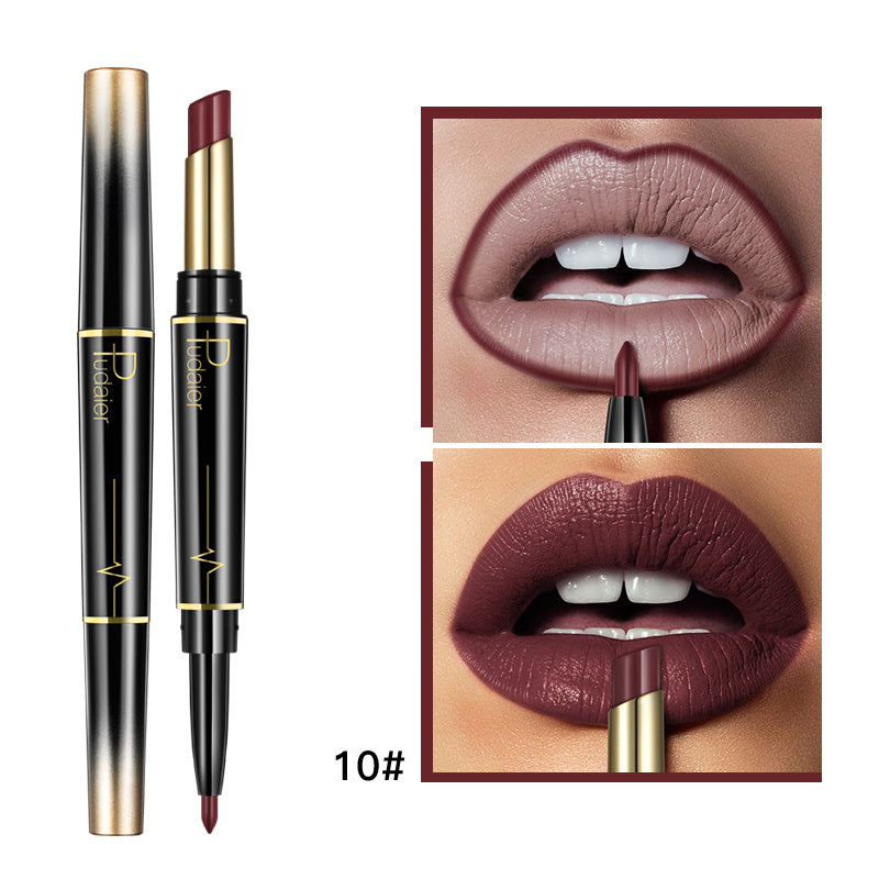 Lápiz labial y delineador de labios de doble punta Pudaier: mate, antiadherente y diseño giratorio