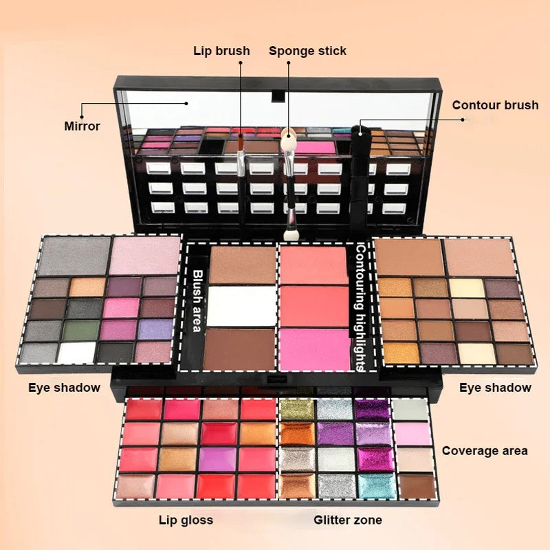 LuxuryGlow 74-Color All-in-One Makeup Kit – Eyeshadow, Lip Gloss, Blush & More