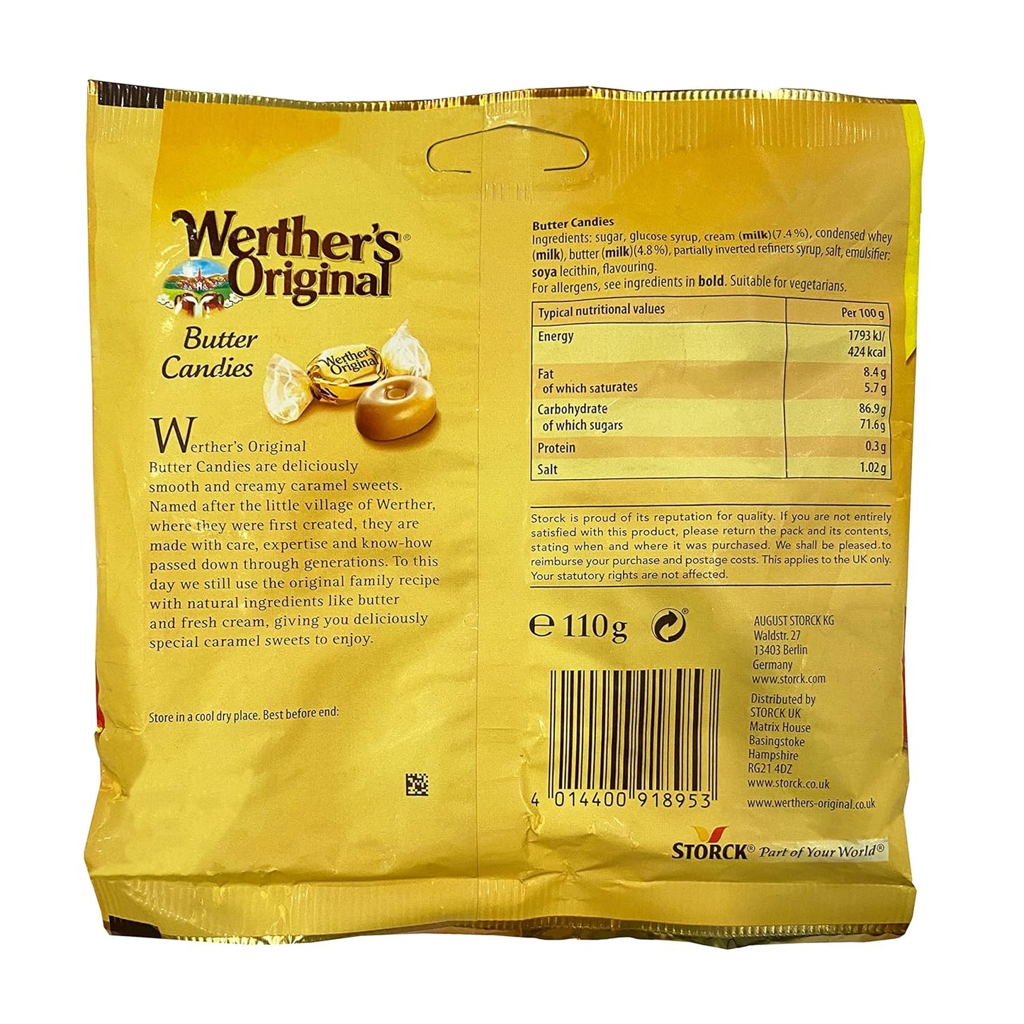 Werther’s Original Butter Candy | Classic Creamy Caramel Toffees | 110g Bag (Imported, Vegetarian, Halal)