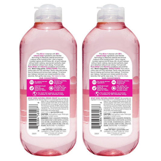 Garnier Micellar Water with Rose Water & Glycerin – Hydrating Makeup Remover & Cleanser for All Skin Types, Vegan & Cruelty-Free (13.5 fl oz, Pack of 2)