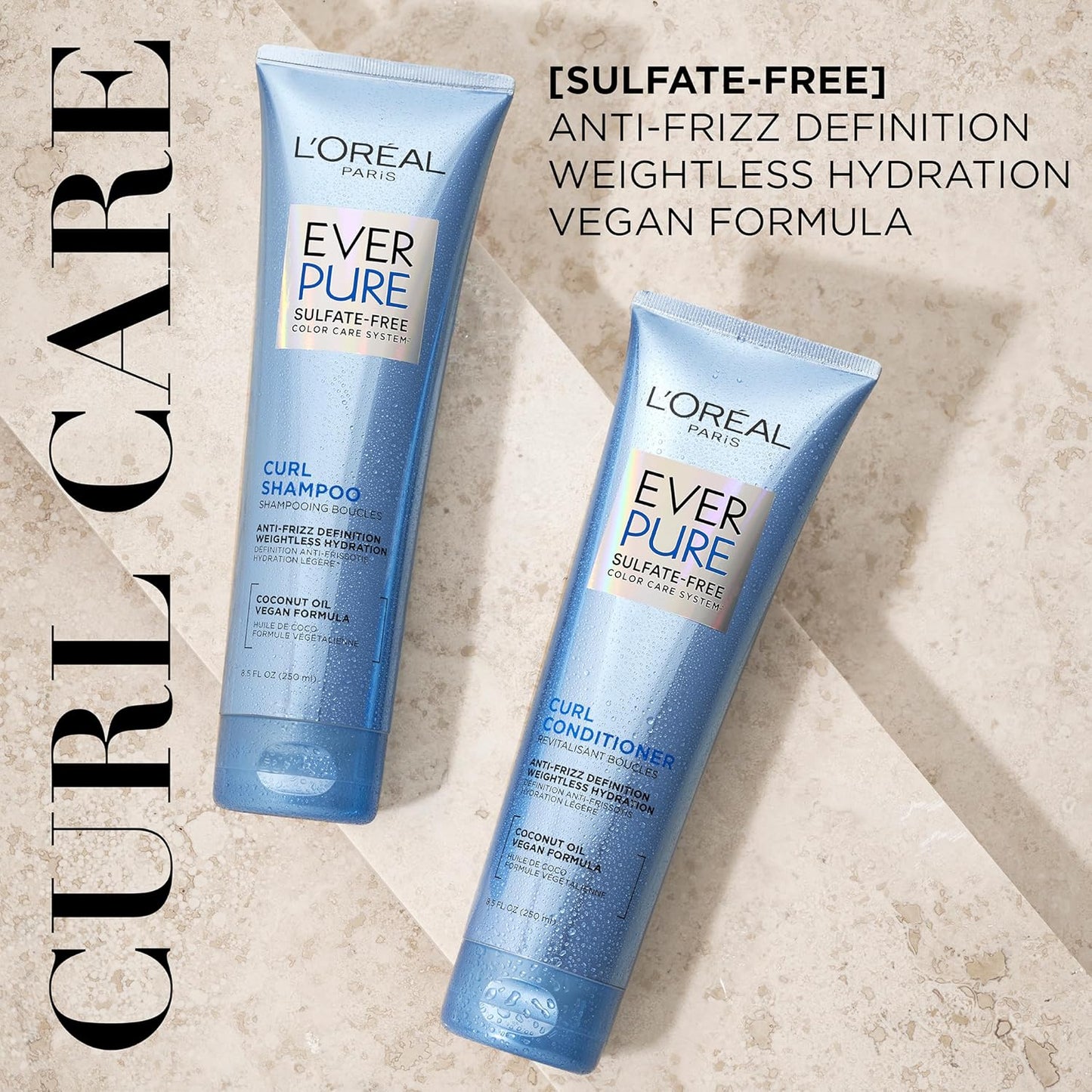 L'Oreal Paris EverPure Sulfate-Free Shampoo & Conditioner Set for Curly Hair with Coconut Oil – Anti-Frizz, Lightweight Hydration, Color-Safe, 8.5 fl oz Each