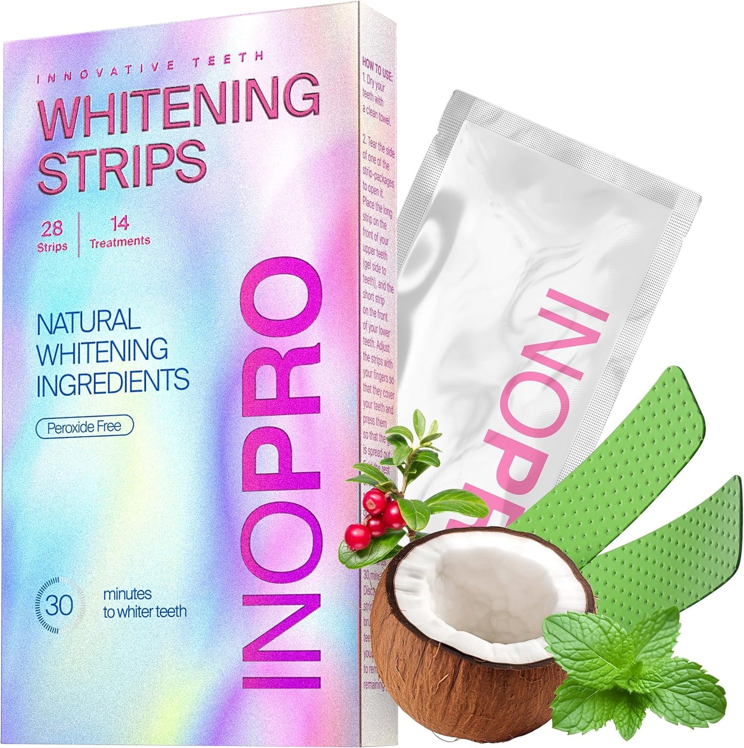 InoPro Green Teeth Whitening Strips – 14-Day Kit (28 Strips) | Peroxide-Free, Enamel Safe, Natural Stain Removal with Coconut Mint Flavor
