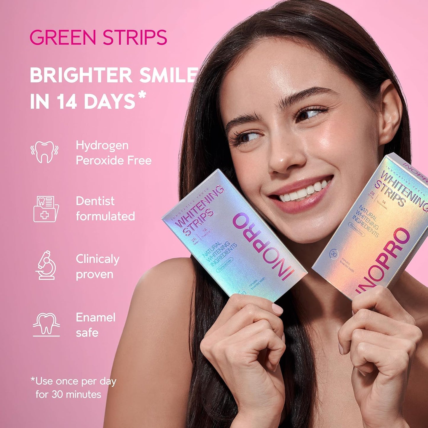 InoPro Green Teeth Whitening Strips – 14-Day Kit (28 Strips) | Peroxide-Free, Enamel Safe, Natural Stain Removal with Coconut Mint Flavor